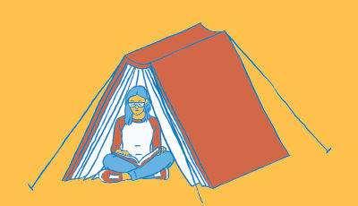 A cartoon image of a woman reading a book under a tent that looks like a book.