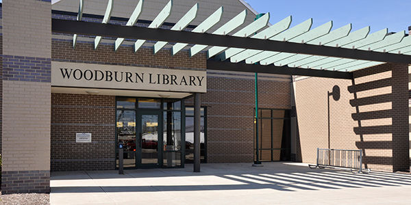 Exterior view of the Woodburn Branch showing the front entrance.