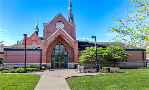 Exterior view of the Pontiac Branch showing the front entrance.