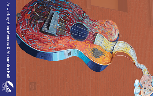 Illustrated acoustic guitar filled with swirling red, orange, and blue lines, with a paintbrush and dark circular shapes.