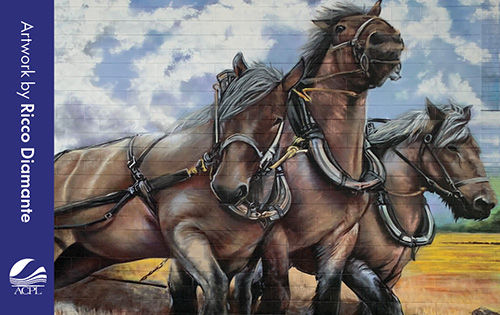 Painting of three brown draft horses running together through a field beneath a cloudy blue sky.