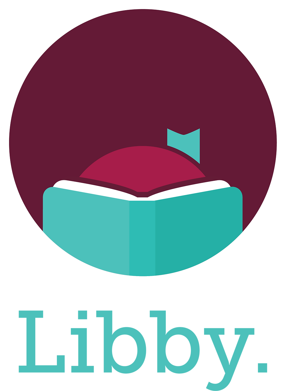 Libby logo: Open book with bookmark, Digital Library, on burgundy background.