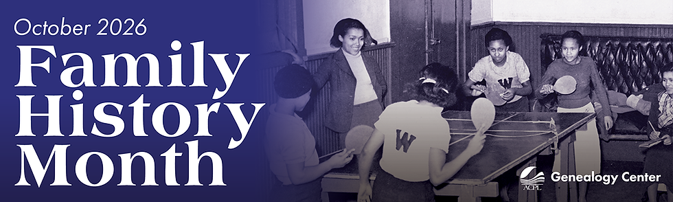 Family History Month banner for October 2026 featuring a historic photo of children playing table tennis, with the ACPL Genealogy Center logo.