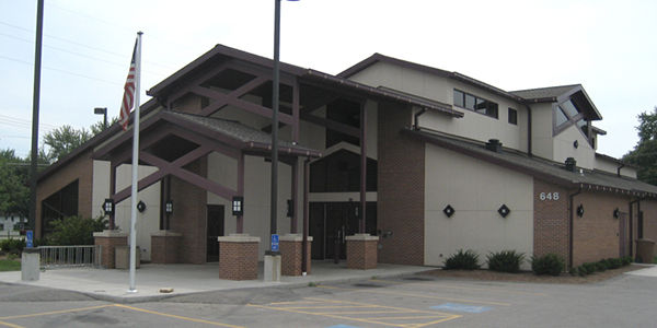 Exterior view of the New Haven Branch showing the front entrance.