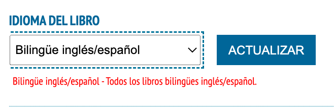 Bilingual book language selection includes English/Spanish, with an update button to confirm.