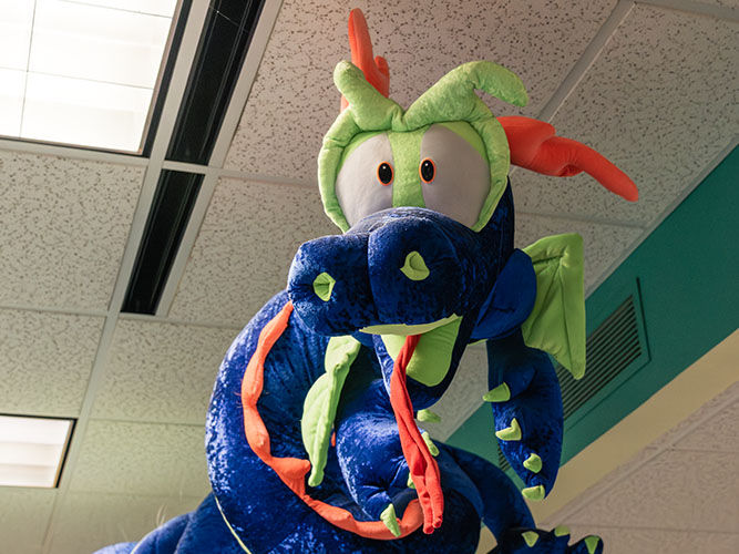 A large blue and green plush dragon with orange accents is suspended from the ceiling.
