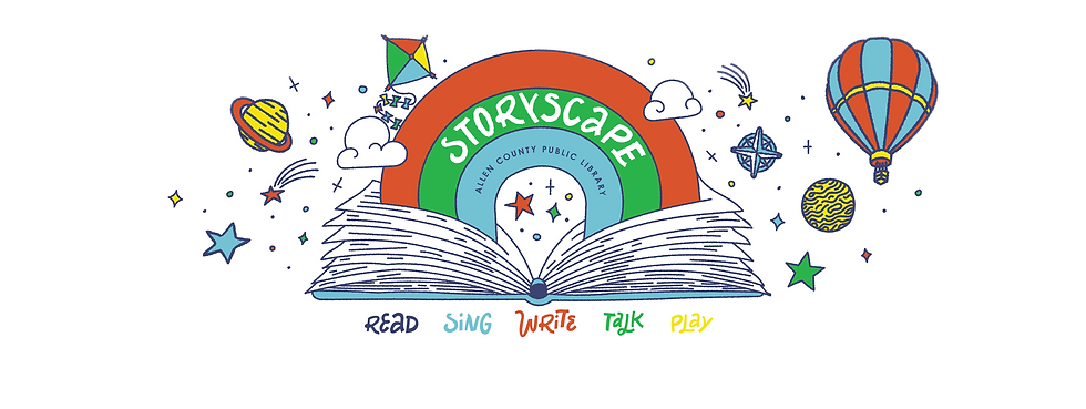 StoryScape logo mural featuring a rainbow over an open book and historical town imagery.