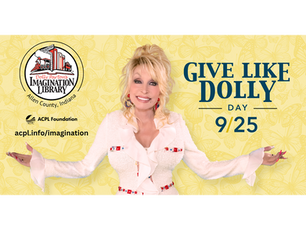 Dolly Parton with arms outstretched on a yellow background; text reads Give Life Dolly Day 9/25 and includes the Imagination Library logo.
