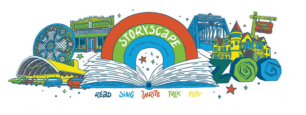 StoryScape logo mural featuring a rainbow over an open book and historical town imagery.
