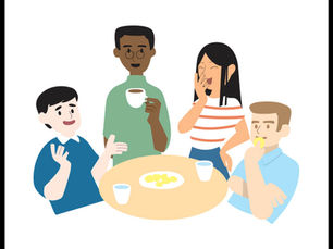 an illustration of a group of men and women sitting around a table engaging in conversation.