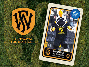 A library card featuring the Fort Wayne Football Club's mascot, Friendly the Goalrilla on top of a soccer field with the Fort Wayne Football Club's logo next to it.