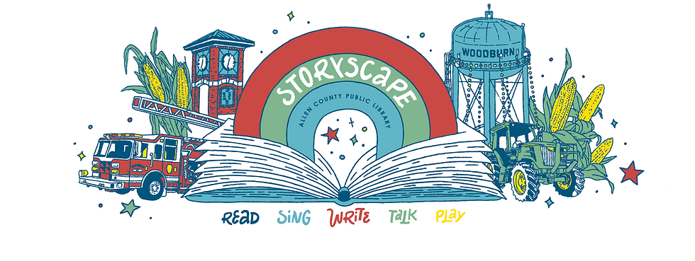 StoryScape logo mural featuring a rainbow over an open book and historical town imagery.