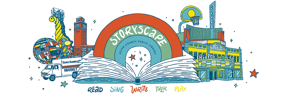 StoryScape logo mural featuring a rainbow over an open book and historical town imagery.