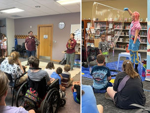 On the left, a group of adults and children watch Soarin Hawk showcase their birds. On the right, a group of children and their caregivers watch a young child stand inside a giant bubble during Miss Make-Believe’s Bubble Garden program.