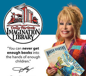 Dolly Parton holding books, Imagination Library, with book quote and logo.