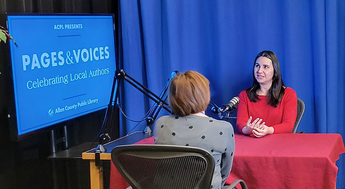 Local author Jaclyn Youhana Garver being interviewed for the Pages and Voices podcast.