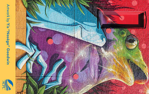 Colorful abstract artwork featuring overlapping shapes and textures in purple, blue, green, red, and yellow.