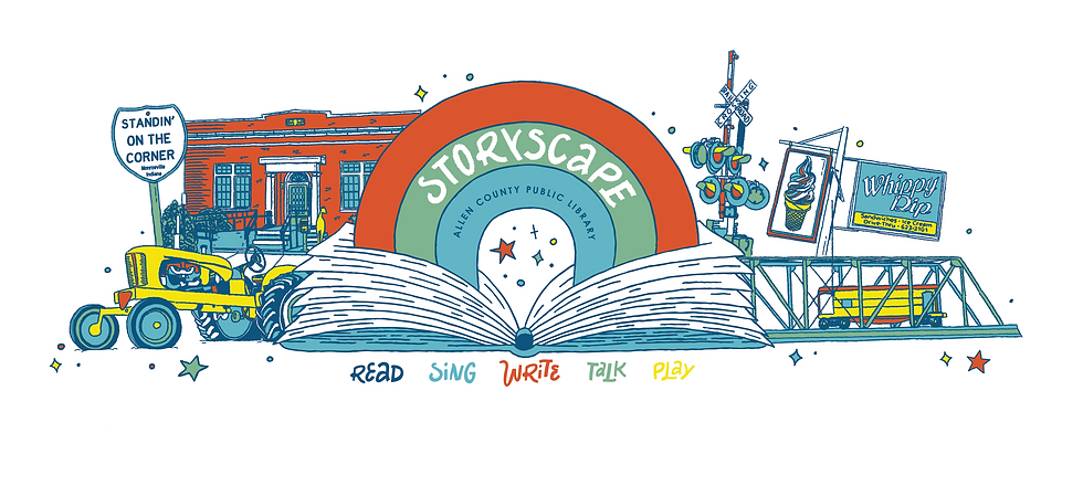 Mural con el logotipo de StoryScape que muestra un arcoíris sobre un libro abierto e imágenes históricas de la ciudad.