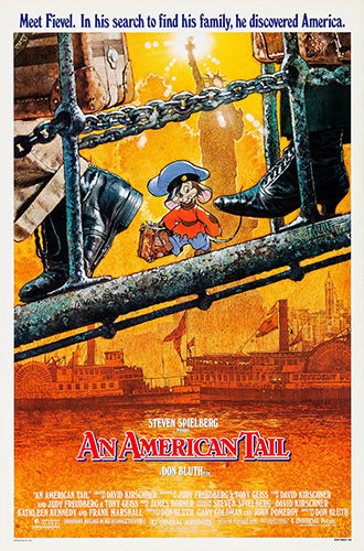 A cartoon mouse walking down the gangplank of a ship with the Statue Of Liberty silouetted in the background.